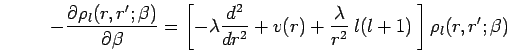 \begin{displaymath}
- \frac{\partial \rho_l(r,r';\beta)}{\partial \beta} =
\lef...
...
\frac{ \lambda}{r^2} \: l(l+1) \: \right] \rho_l(r,r';\beta)
\end{displaymath}