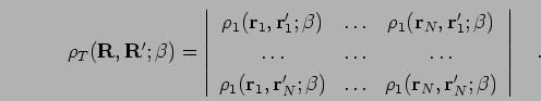 \begin{displaymath}
\rho_T({\bf R},{\bf R'};\beta)=\left\vert
\begin{array}{ccc}...
...({\bf r}_{N},{\bf r}'_{N};\beta)
\end{array}\right\vert
\quad.
\end{displaymath}