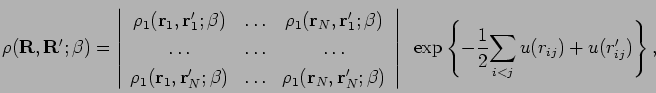 \begin{displaymath}
\rho({\bf R},{\bf R'};\beta)=\left\vert
\begin{array}{ccc}
\...
...eft \{ -\frac{1}{2}{\sum_{i<j}u(r_{ij})+u(r'_{ij})} \right\}
,
\end{displaymath}